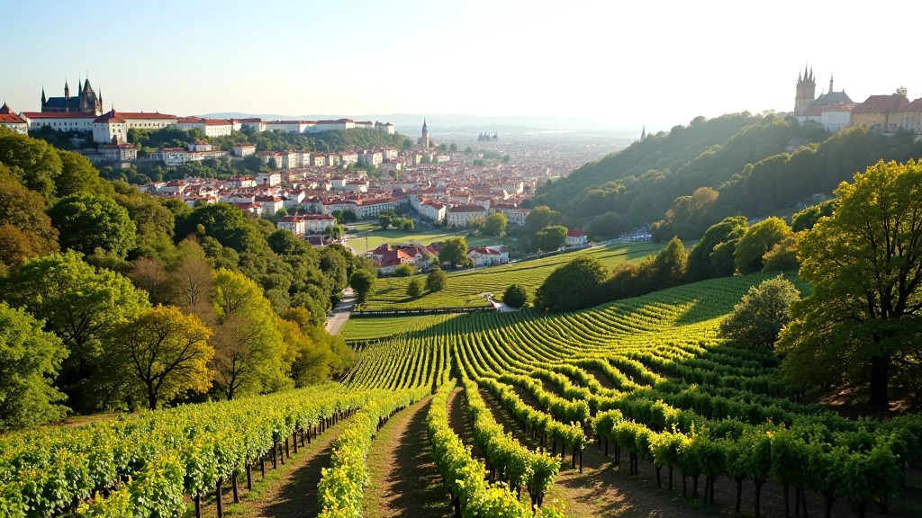 Letecký pohled na terasy Petřína s Pražským hradem v pozadí, panoramatický výhled, modré nebe