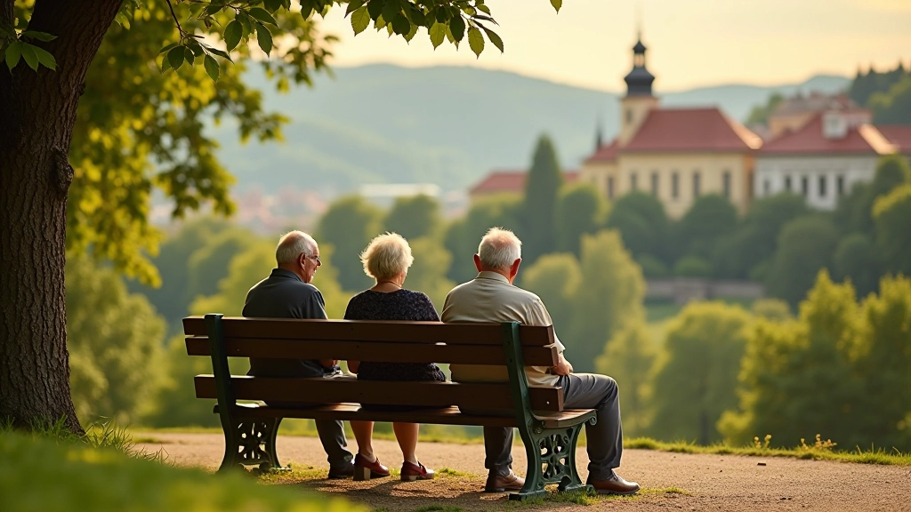 Skupina seniorů odpočívá na lavičce během procházky