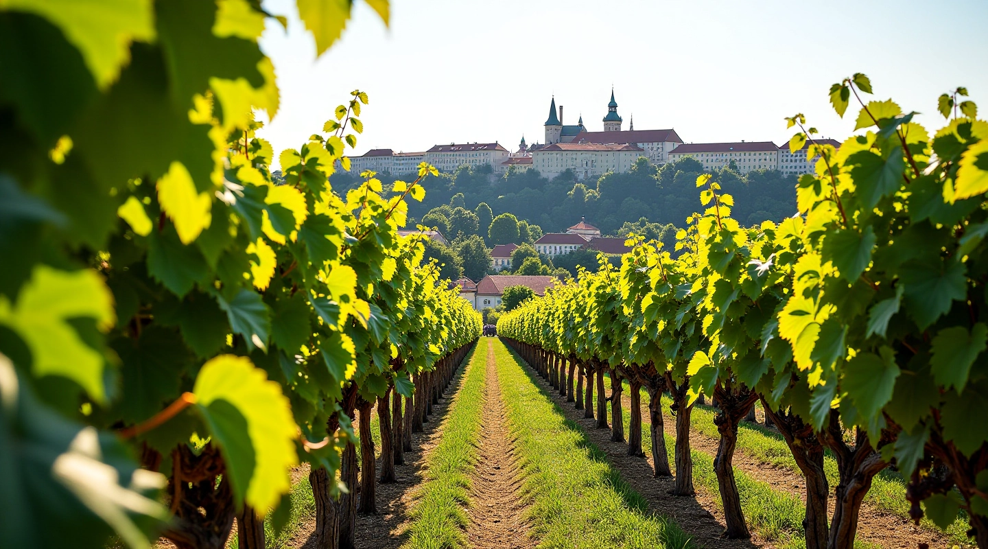 Starý vinohrad s historickými terasami, Pražský hrad v pozadí, slunečný den