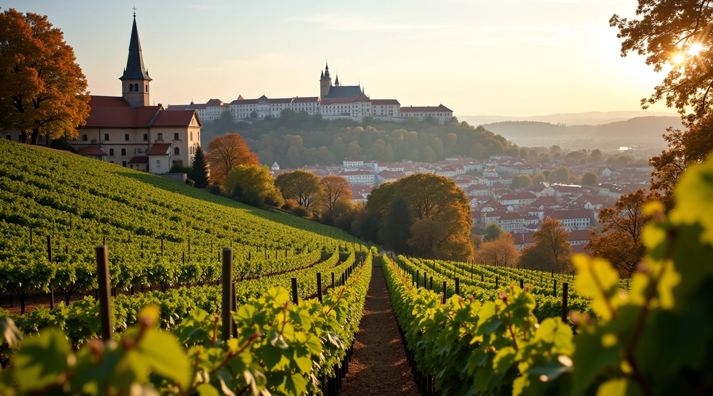 Krásný výhled na viničné terasy Pražského hradu s panoramou Prahy